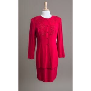 STUDIO I Faux Skirt Suit Dress Size 10P Made in USA Vintage Retro Red Drop Waist